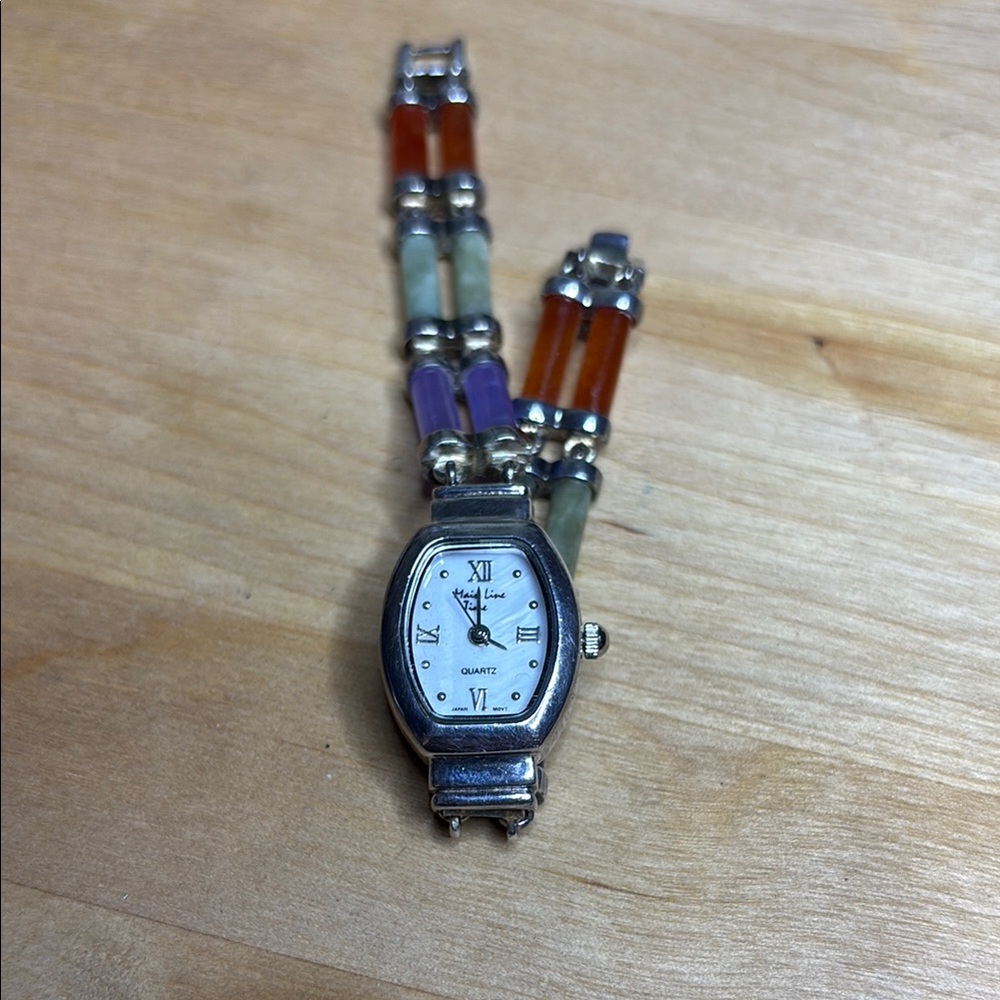 Main Line Time Sterling Silver Watch with Multi-Color Jade Inlay